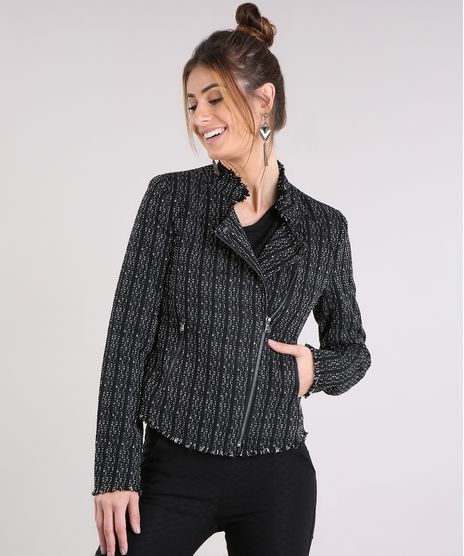 Jaqueta-Feminina-de-Tweed-com-Bolsos-Preta-9033572-Preto_1