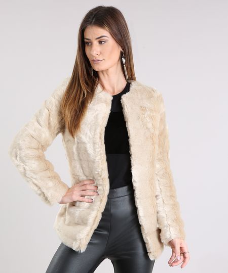 Casaco-Feminino-de-Pelo-Decote-Redondo-com-Bolsos-Bege-Claro-8491850-Bege_Claro_1_1