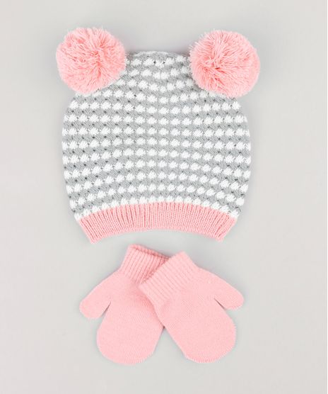 Kit-de-Gorro-Infantil-em-Trico-com-Pompons---Luva-Rosa-8868154-Rosa_1