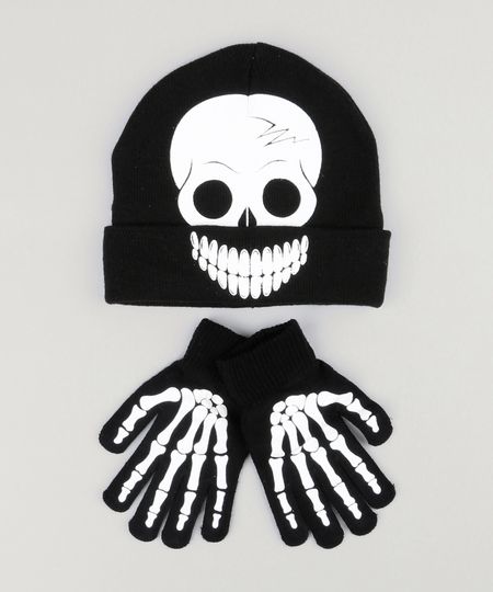 Kit-de-Gorro-Infantil-de-Caveira---Luvas-Esqueleto-Preto-8865097-Preto_1