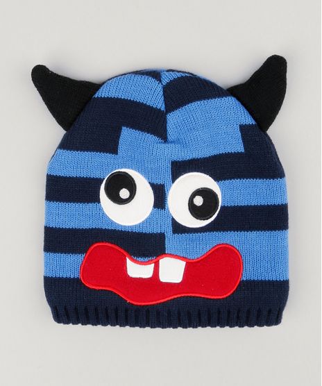 Gorro-Infantil-Monstrinho-com-Orelhas-Listrado-e-Forro-em-Fleece-Azul-8868166-Azul_1