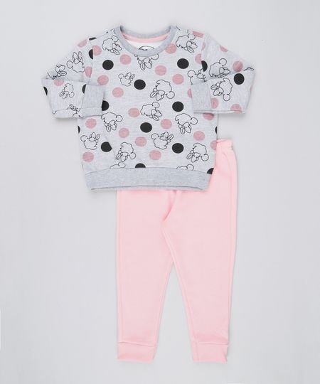 Conjunto Infantil Estampado Minnie de Blusão + Calça em Moletom Rosa Claro Menor preço em Conjunto Infantil Estampado Minnie de Blusão + Calça em Moletom Rosa Claro