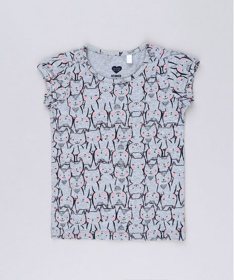 Blusa-Infantil-Estampada-de-Gatinhos-com-Algodao---Sustentavel-com-Manga-Curta-e-Decote-Redondo-Cinza-Mescla-9146406-Cinza_Mescla_1