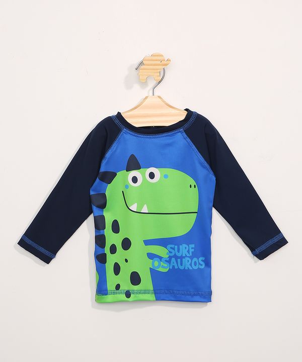 Camiseta de Praia Infantil Manga Longa Dinossauro Raglan com Proteção UV50+ Verde 3