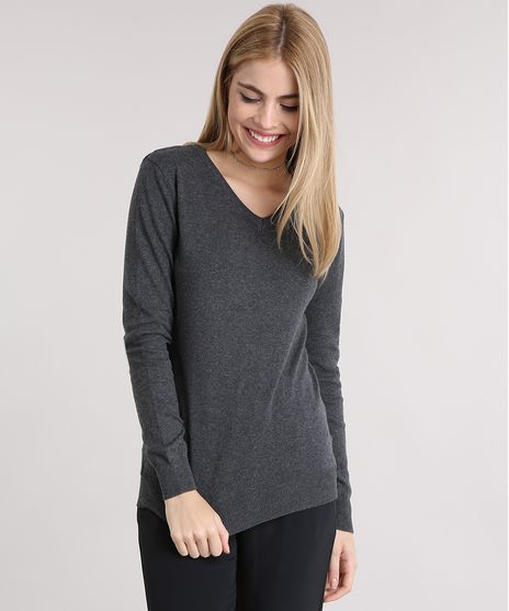 Sueter-Feminino-Basico-em-Trico-Manga-Longa-Decote-V-Cinza-Mescla-Escuro-8839960-Cinza_Mescla_Escuro_1