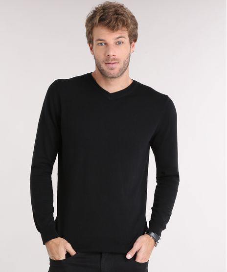 Sueter-Masculino-Basico-em-Trico-Manga-Longa-Gola-V-Preto-8848759-Preto_1