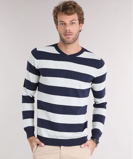 Sueter-Masculino-Listrado-em-Trico-Manga-Longa-Gola-V-Azul-Marinho-8848785-Azul_Marinho_1