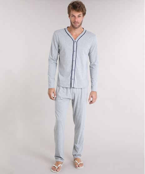 Pijama-Masculino-Gola-V-com-Botoes-Manga-Longa-Cinza-Mescla-Claro-8611091-Cinza_Mescla_Claro_1