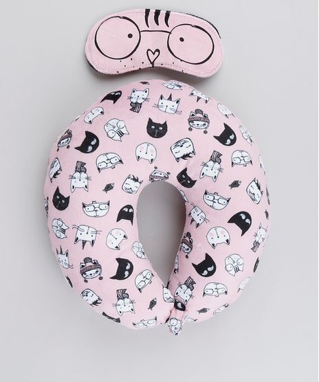 Kit-de-Apoio-de-Cabeca---Tapa-Olho-Estampado-de-Gatinhos-Rose-9117695-Rose_1
