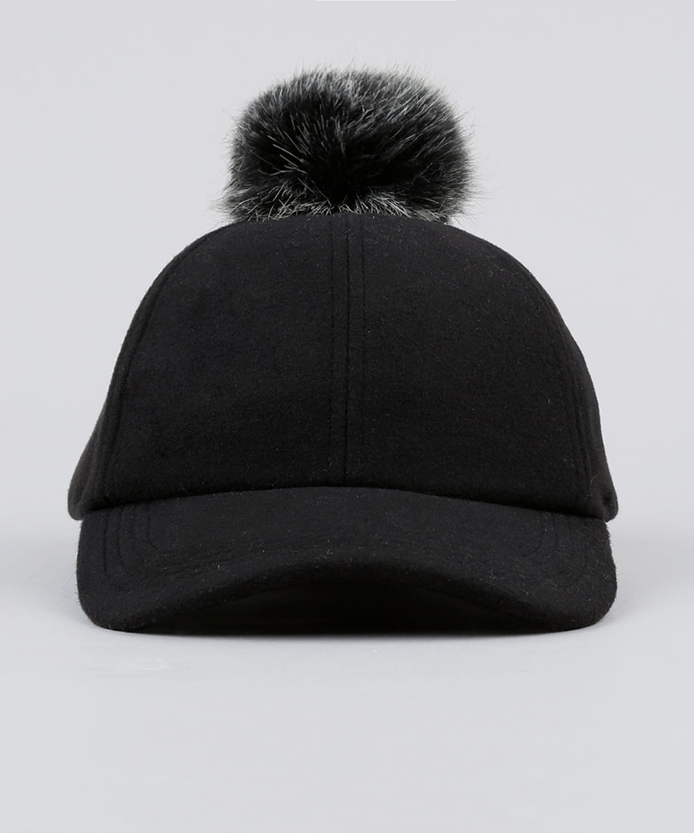 Boné Feminino com Pompom Aba Curva em Feltro Preto