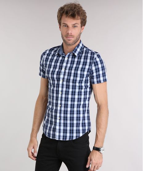 Camisa-Masculina-Slim-Xadrez-Manga-Curta-Azul-Marinho-8894604-Azul_Marinho_1