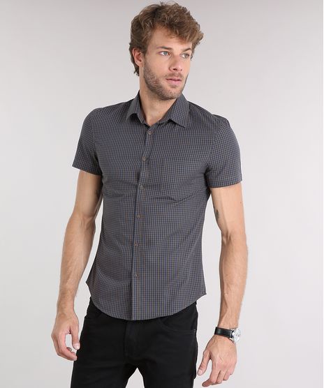 Camisa-Masculina-Slim-Xadrez-Manga-Curta-com-Bolso-Kaki-8853178-Kaki_1