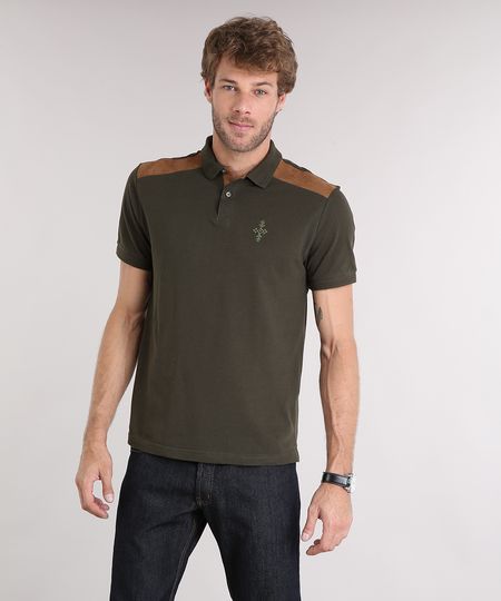 Polo-Masculina-em-Piquet-com-Suede-e-Bordado-Manga-Curta-Verde-Militar-9115129-Verde_Militar_1