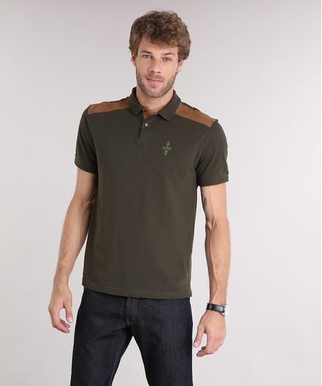 Polo-Masculina-em-Piquet-com-Suede-e-Bordado-Manga-Curta-Verde-Militar-9115129-Verde_Militar_1