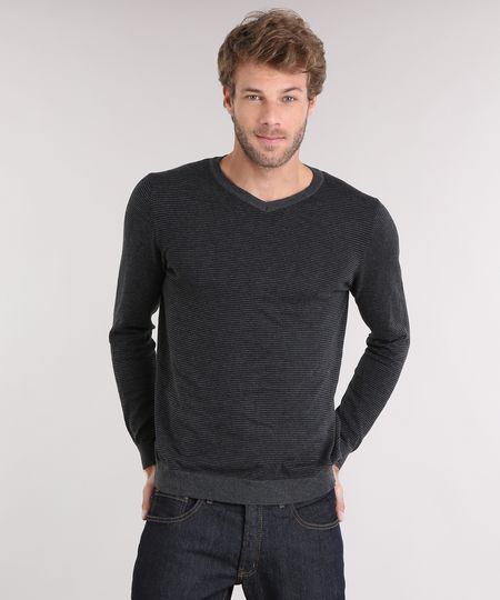 Sueter-Masculino-Listrado-em-Trico-Manga-Longa-Gola-V-Chumbo-8848785-Chumbo_1