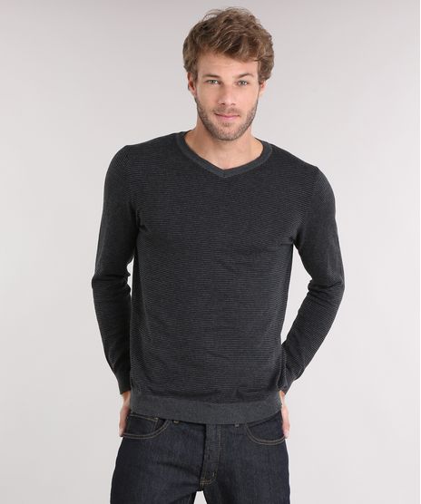 Sueter-Masculino-Listrado-em-Trico-Manga-Longa-Gola-V-Chumbo-8848785-Chumbo_1