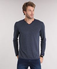 Sueter-Masculino-Listrado-com-Botoes-em-Trico-Manga-Longa-Gola-V-Azul-Marinho-8850212-Azul_Marinho_1