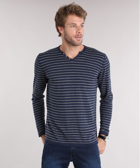 Sueter-Masculino-Listrado-com-Botoes-em-Trico-Manga-Longa-Gola-V-Azul-Marinho-8850212-Azul_Marinho_1