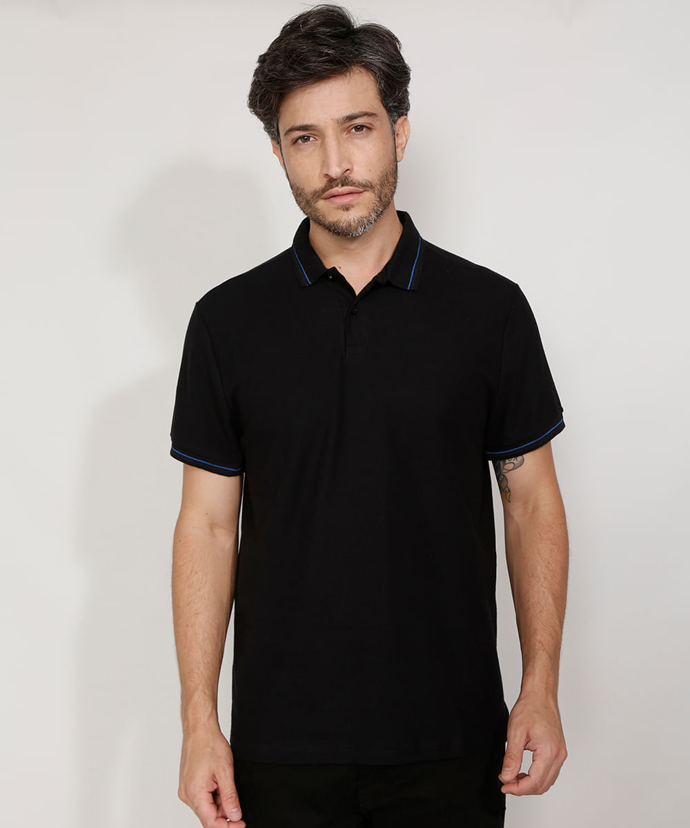 Polo de Piquet Masculina Básica Comfort Manga Curta Preta