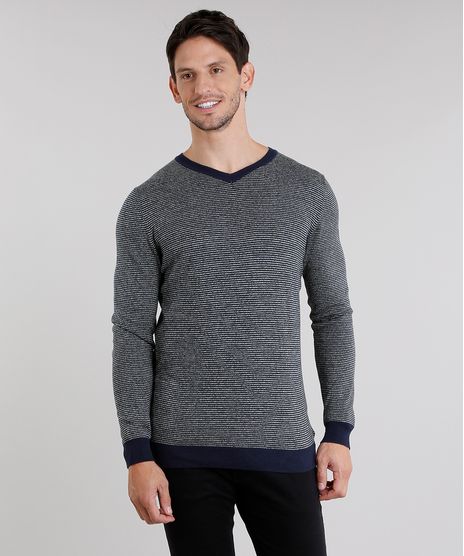 Sueter-Masculino-Listrado-em-Trico-Manga-Longa-Gola-V-Azul-Marinho-8848785-Azul_Marinho_1
