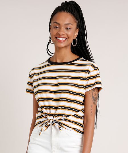 Blusa-Feminina-Cropped-Listrada-com-No-Manga-Curta-Decote-Redondo-Amarelo-Escuro-9465639-Amarelo_Escuro_1