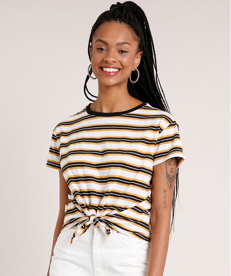Blusa-Feminina-Cropped-Listrada-com-No-Manga-Curta-Decote-Redondo-Amarelo-Escuro-9465639-Amarelo_Escuro_1
