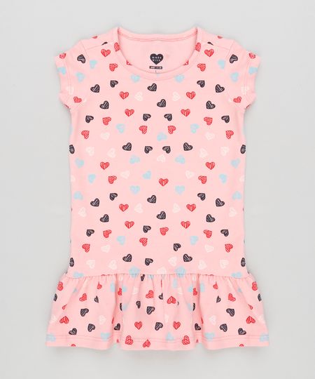 Vestido-Infantil-Estampado-com-Coracoes-e-Babado-com-Manga-Curta-e-Decote-Redondo-em-Algodao---Sustentavel-Rosa-9151584-Rosa_1
