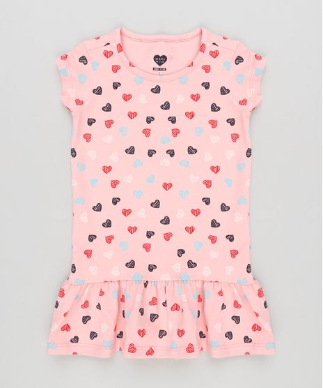 Vestido-Infantil-Estampado-com-Coracoes-e-Babado-com-Manga-Curta-e-Decote-Redondo-em-Algodao---Sustentavel-Rosa-9151584-Rosa_1
