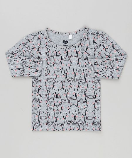 Blusa-Infantil-Estampada-com-Gatinhos-Manga-Longa-Decote-Redondo-em-Algodao---Sustentavel-Cinza-Mescla-9145684-Cinza_Mescla_1
