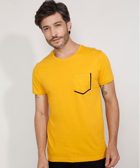 Camiseta-Masculina-Slim-Manga-Curta-com-Bolso-Flocado-Gola-Careca-Amarela-9968278-Amarelo_1