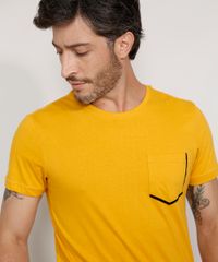 Camiseta-Masculina-Slim-Manga-Curta-com-Bolso-Flocado-Gola-Careca-Amarela-9968278-Amarelo_5