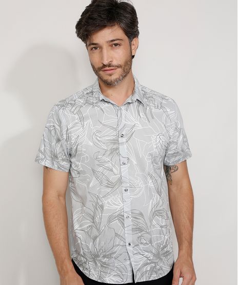 Camisa-Masculina-Tradicional-Estampada-Floral-Manga-Curta-Cinza-Claro-9947670-Cinza_Claro_1