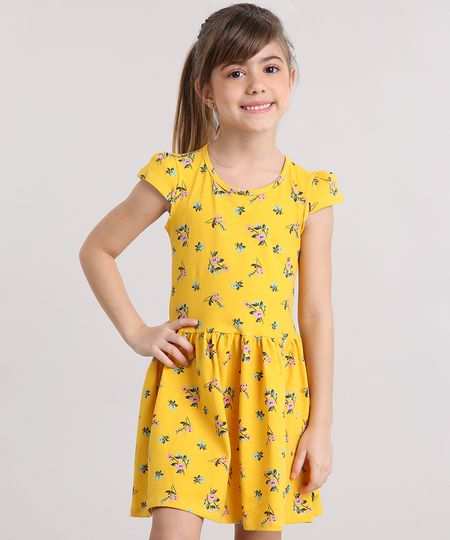 Vestido-Infantil-Floral-com-Manga-Curta-e-Decote-Redondo-em-Algodao---Sustentavel-Amarelo-9137996-Amarelo_1