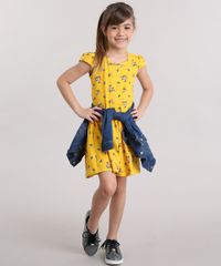 Vestido-Infantil-Floral-com-Manga-Curta-e-Decote-Redondo-em-Algodao---Sustentavel-Amarelo-9137996-Amarelo_3