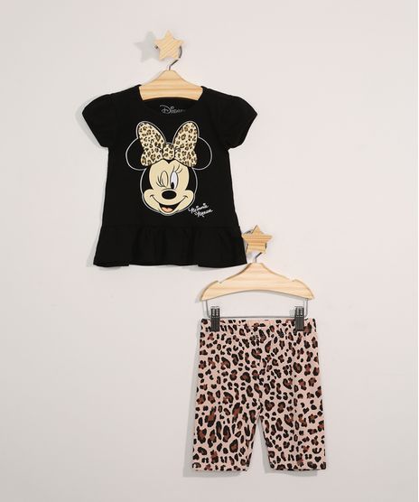 Conjunto-Infantil-Blusa-Manga-Curta-Minnie-Preta---Bermuda-Ciclista-Estampado-Animal-Print-de-Onca-Bege-9980074-Bege_1