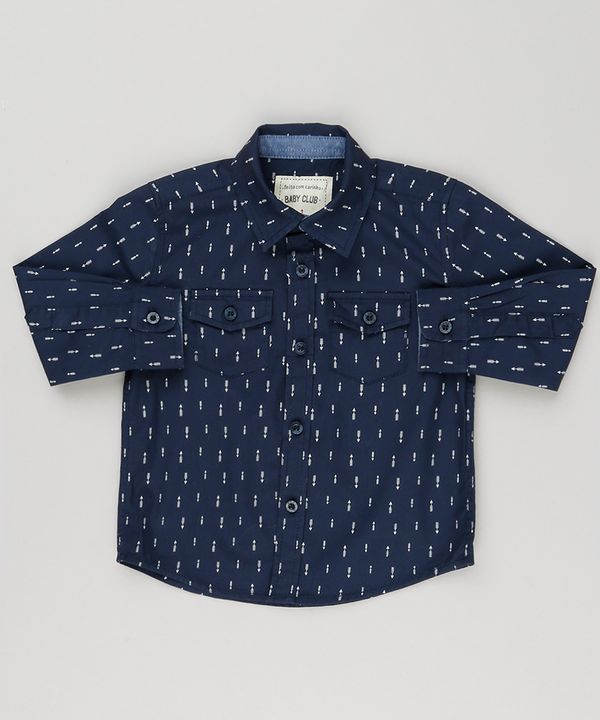 Camisa Infantil Estampada de Fechas Manga Longa com Bolsos Azul Marinho 1