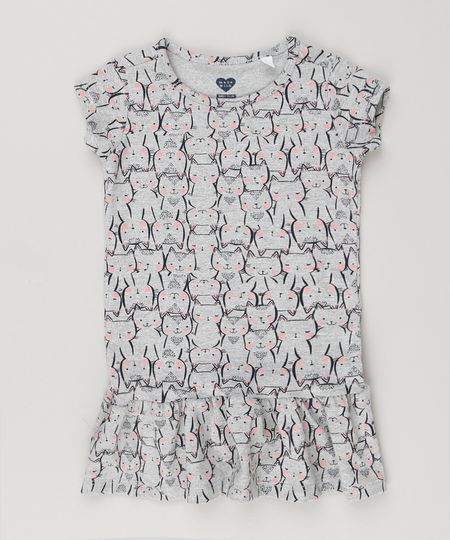 Vestido-Infantil-Estampado-com-Gatinhos-Manga-Curta-e-Decote-Redondo-em-Algodao---Sustentavel-Cinza-Mescla-9151583-Cinza_Mescla_1
