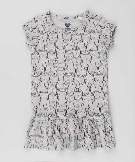 Vestido-Infantil-Estampado-com-Gatinhos-Manga-Curta-e-Decote-Redondo-em-Algodao---Sustentavel-Cinza-Mescla-9151583-Cinza_Mescla_1