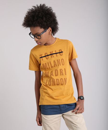 Camiseta-Infantil--Tokio-Milano-Madri-London--Manga-Curta-Gola-Careca-em-Algodao---Sustentavel-Mostarda-9141670-Mostarda_1