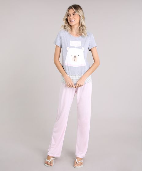 Pijama-Feminino-Ursinho-com-Babado-e-Manga-Curta-Cinza-Mescla-9129027-Cinza_Mescla_1