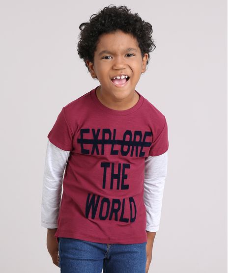 Camiseta-Infantil--Explore-the-World--Manga-Longa-Decote-Careca-Vinho-9135530-Vinho_1