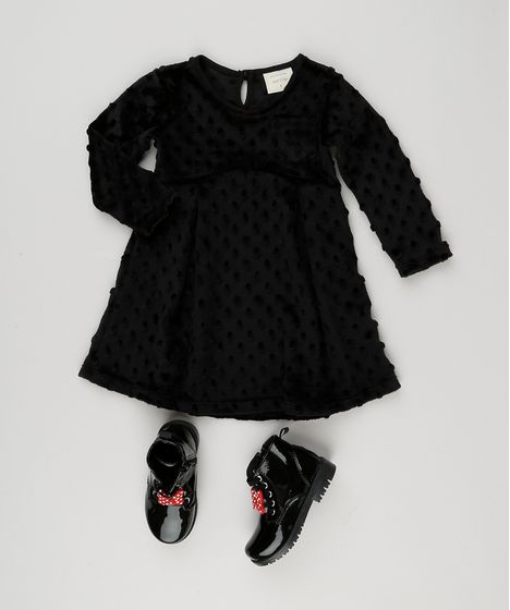 Vestido Infantil Em Plush Com Bolinhas E Bolso Manga Longa Decote