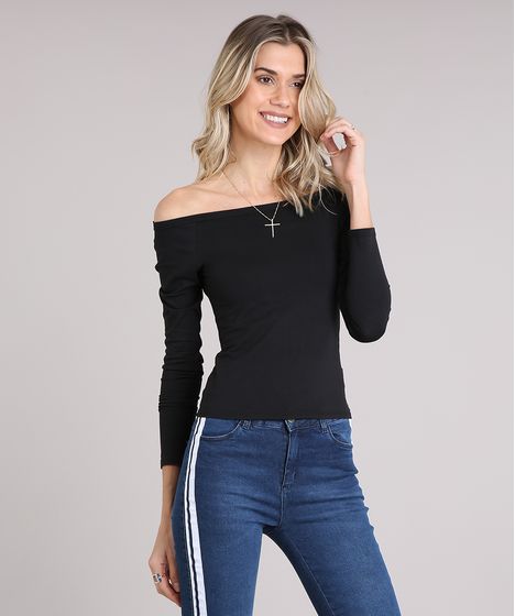 Blusa Feminina Basica Decote Ombro A Ombro Manga Longa Preta Cea