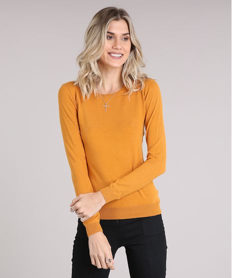 Sueter-Feminino-Basico-em-Trico-Manga-Longa-Decote-Redondo-Amarelo-Escuro-8840474-Amarelo_Escuro_1