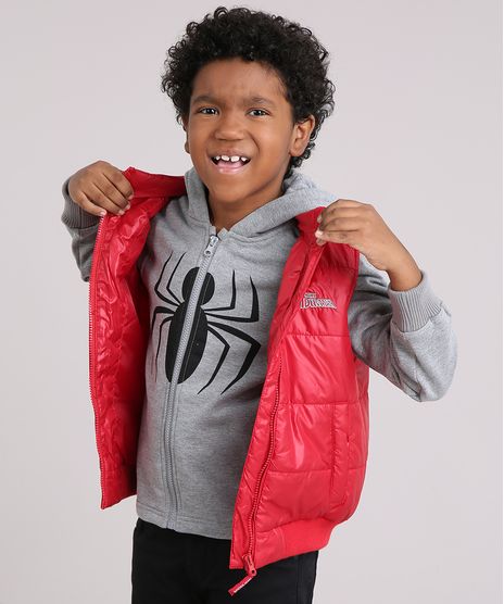 Blusao-Infantil-Homem-Aranha-em-Moletom-com-Capuz-Cinza-Mescla---Colete-Puffer-Vermelho-8448946-Vermelho_1