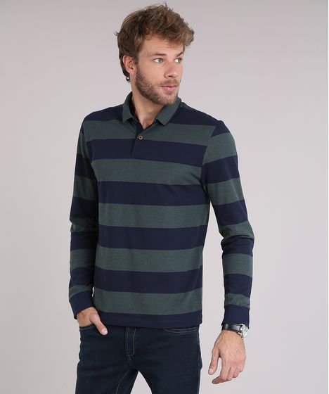 Polo Masculina Listrada Manga Longa Em Piquet Verde Escuro Cea