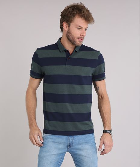 Polo-Masculina-Listrada-Manga-Curta-em-Piquet-Verde-Escuro-9064514-Verde_Escuro_1