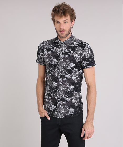 Camisa Masculina Slim Estampada De Tigres Manga Curta Preta Cea