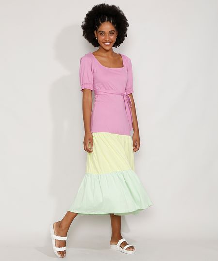 Vestido-Feminino-Midi-Color-Block-com-Recortes-e-Faixa-para-Amarrar-Manga-Bufante-Rosa-9979322-Rosa_1