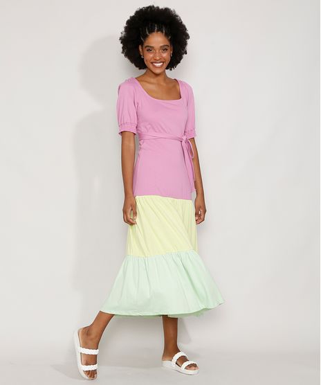 Vestido-Feminino-Midi-Color-Block-com-Recortes-e-Faixa-para-Amarrar-Manga-Bufante-Rosa-9979322-Rosa_1